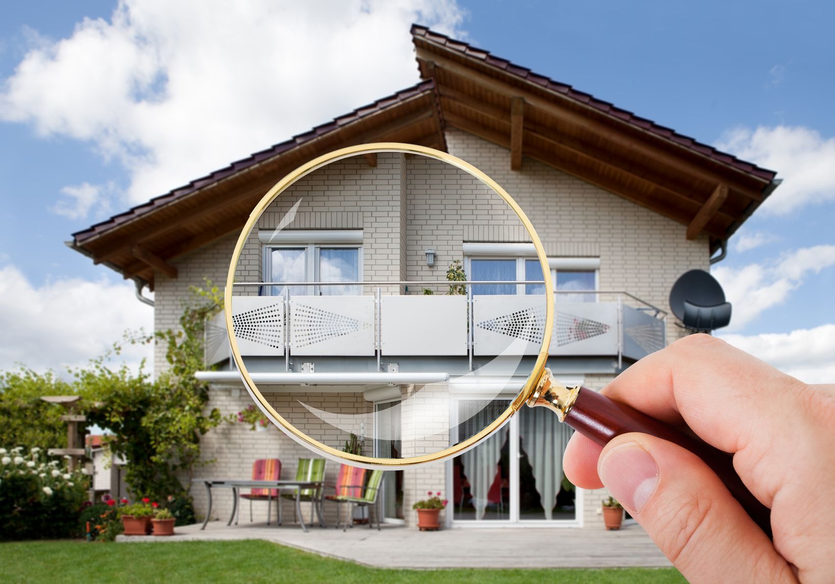 39653963 - person hand with magnifying glass over luxury house