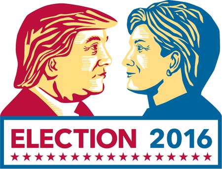 60285546 - illustration showing republican donald trump versus democrat hillary clinton face-off for american president with words election 2016 on isolated white background done in stencil retro art style.