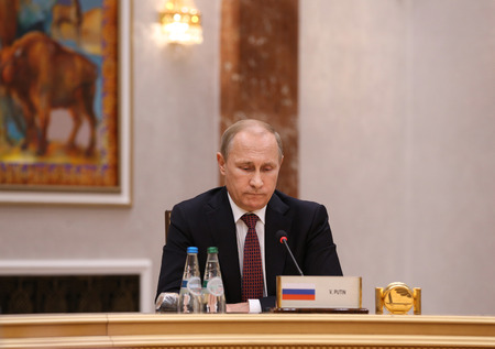 36459578 - minsk, belarus - feb 11, 2015: russian president vladimir putin before the negotiations leaders of states in normandy format in minsk