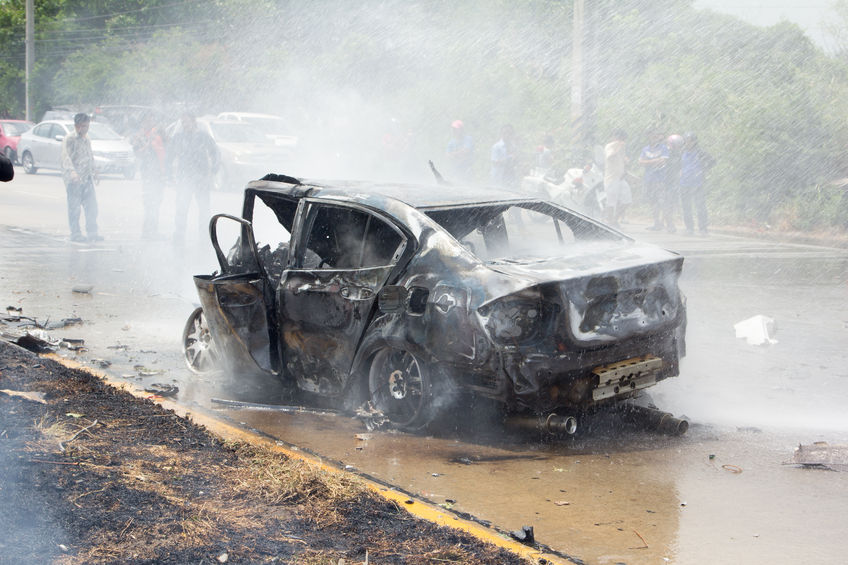 41052746 - nakhon pathom thailand 24 may 12:46 p.m. : the car fire due to gas explosion. be car crash. this makes all the damaged on the car and driver died. on may 242015 in nakhon pathom provincethailand