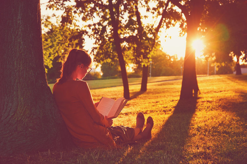46674853 - girl reading book at park in summer sunset light