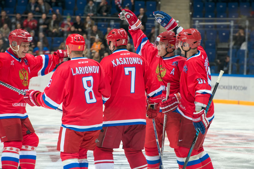 54077262 - moscow - january 29, 2016: the players  russian national team are happy scored a goal during hockey game russia vs finland on world legends hockey league, in vtb arena ice palace, moscow, russia