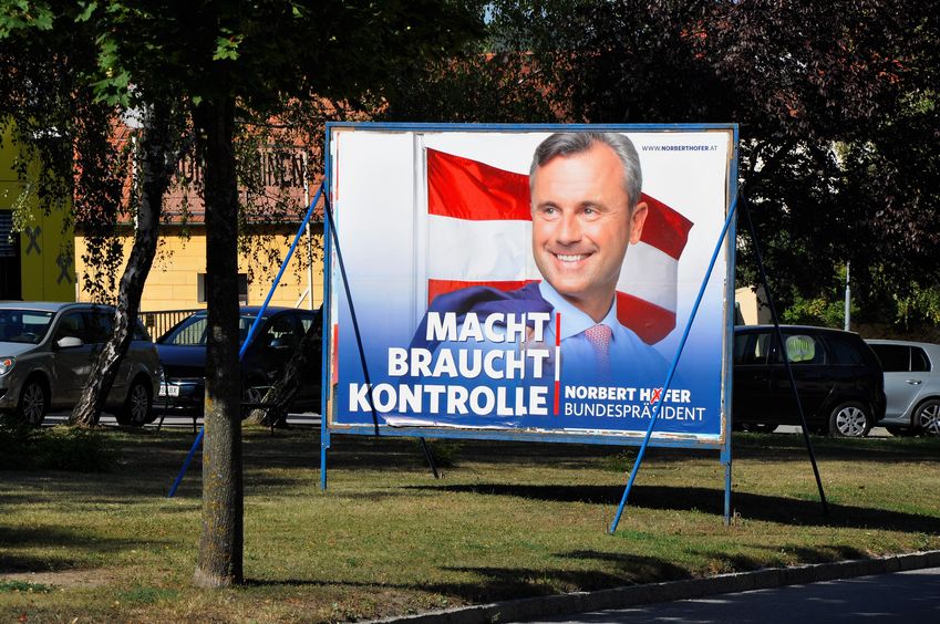 63614526 - breitenbrunn, burgenland, austria – september 1, 2016: billboard with norbert hofer, candidate fpo party in presidential election, which will be repeated in december 2016 because of manipulation with votes.