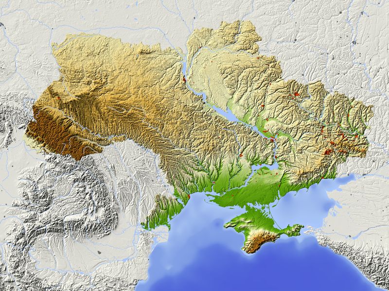 11687746 - ukraine. shaded relief map with major urban areas. surrounding territory greyed out. colored according to elevation. includes clip path for the state area. projection: mercator extents: 21/41/43/53 data source: nasa
