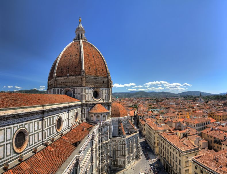 15880728 - wide angle hdr view on the florence cathedral from the bell tower next to it, in florence, italy