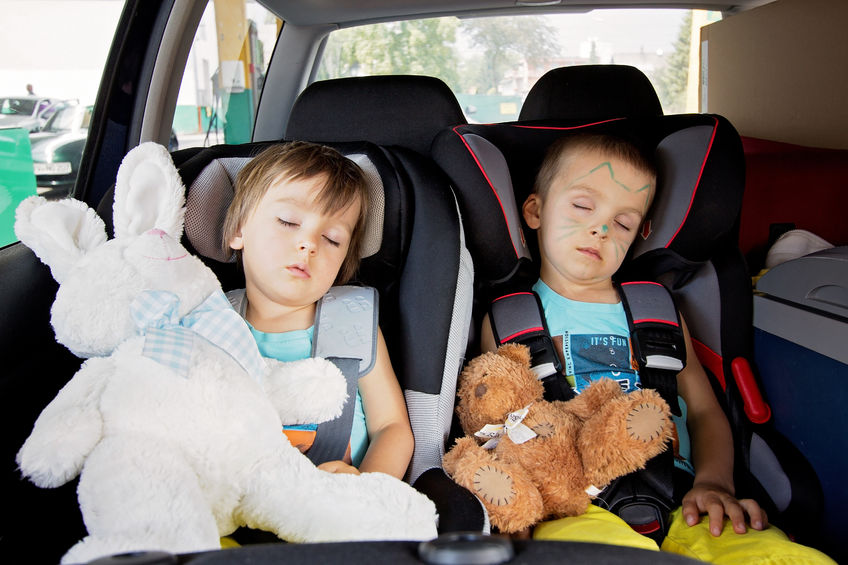 29883000 - two boys in car seats, travelling, sleeping in the car with teddy bears