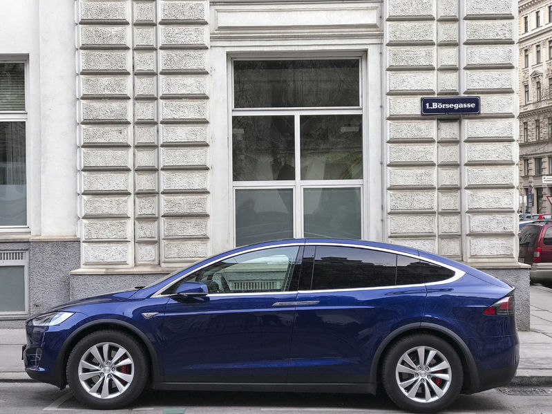 67634890 - vienna, austria - december 17, 2016: blue tesla model x parked on a street in vienna, austria
