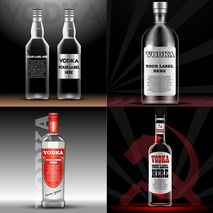 69340518 - vector red and transparent vodka bottle mockup with your label here text. silver bottle with cap over black background