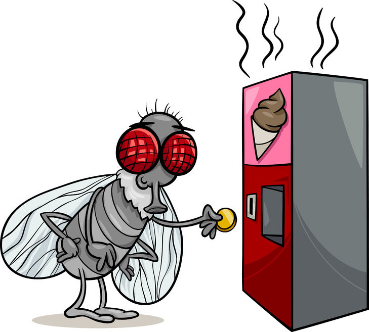 27744178 - cartoon illustration of funny fly and vending machine with poo snack