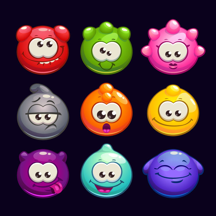 47552403 - funny cartoon jelly round characters set, vector illustration, funny creatures kit for game design