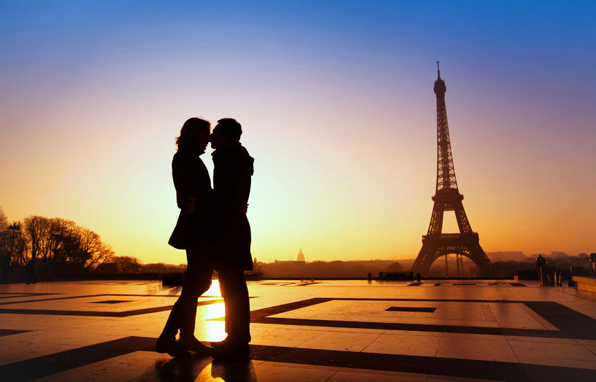 53081031 - dream honeymoon in paris, romantic couple silhouette
