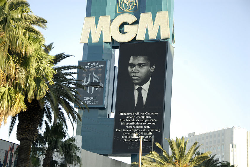 58004908 - los vegas/nevada /usa- 04 june 2016_  various casino paying tribute to late  muhammad ali legden boxer have pic picture on marques after his death  in los vegas nevada, usa   .