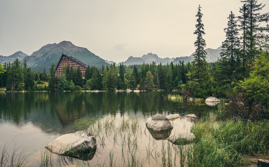 61336744 - strbske pleso mountain lake in high tatras mountains, slovakia with rocks, trees and grass in foreground in the rain