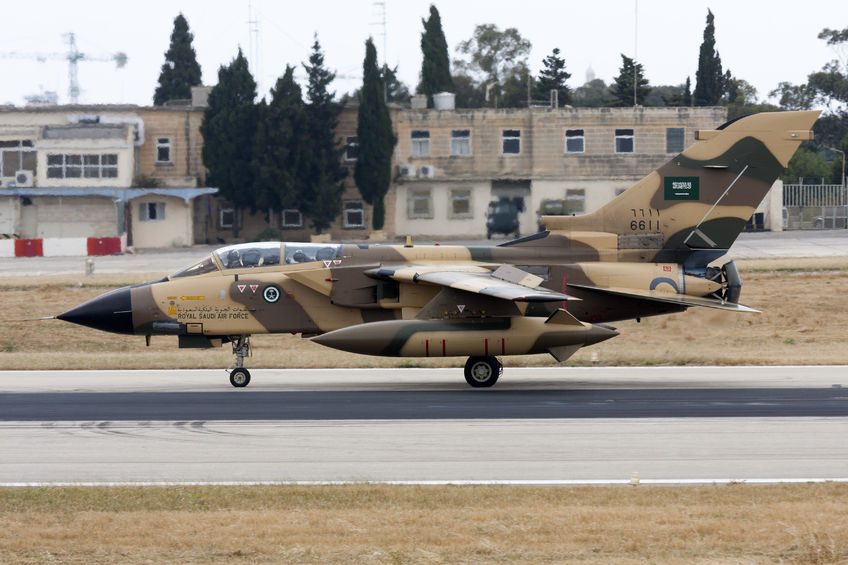 64638975 - luqa, malta - 9 may 2008: saudi arabian air force panavia tornado ids backtracking runway 14 after landing.