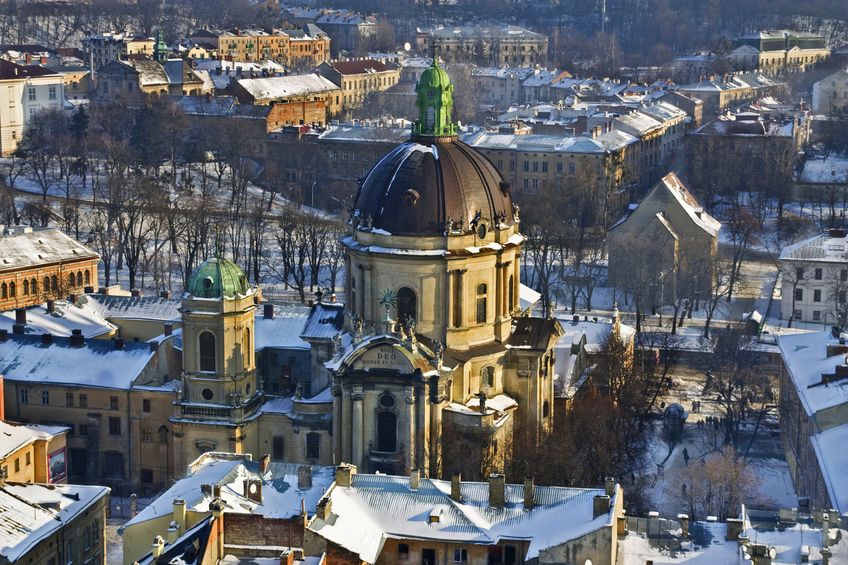 14286642 - historical centre of lviv / lvov in western ukraine. panoramic view of the city in europe with uspensky church and dominican cathedral