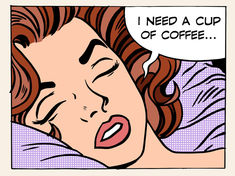 49339514 - a woman dreams of the morning cup of coffee pop art retro style. the girl wakes up. refreshing breakfast drink. i need a cup of coffee