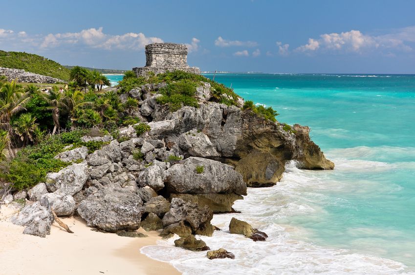 12682347 - beautiful beach in tulum mexico, mayan ruins on top of the cliff