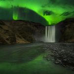 20173129 – flash of aurora polaris above skogafoss waterfall, iceland